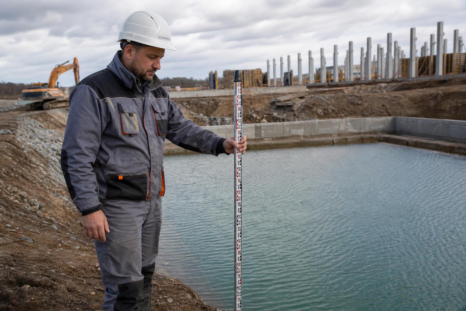 Специалист проверяет уровень воды на строительной площадке после завершения работ