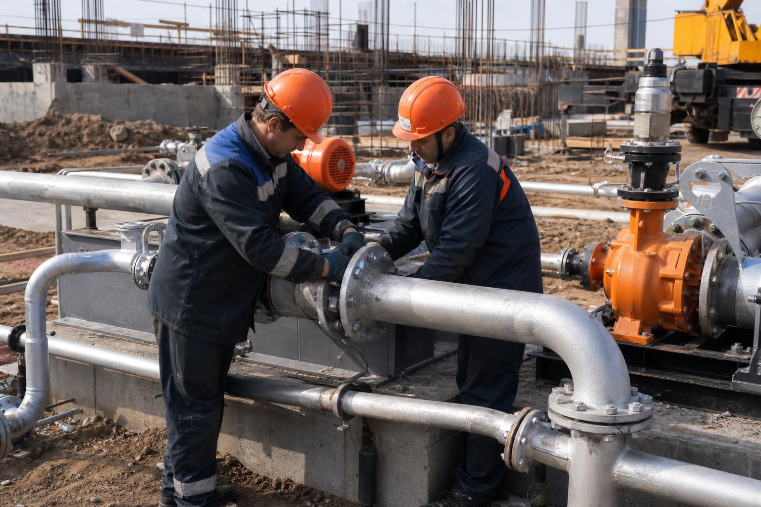 Монтаж труб и насосного оборудования на строительной площадке